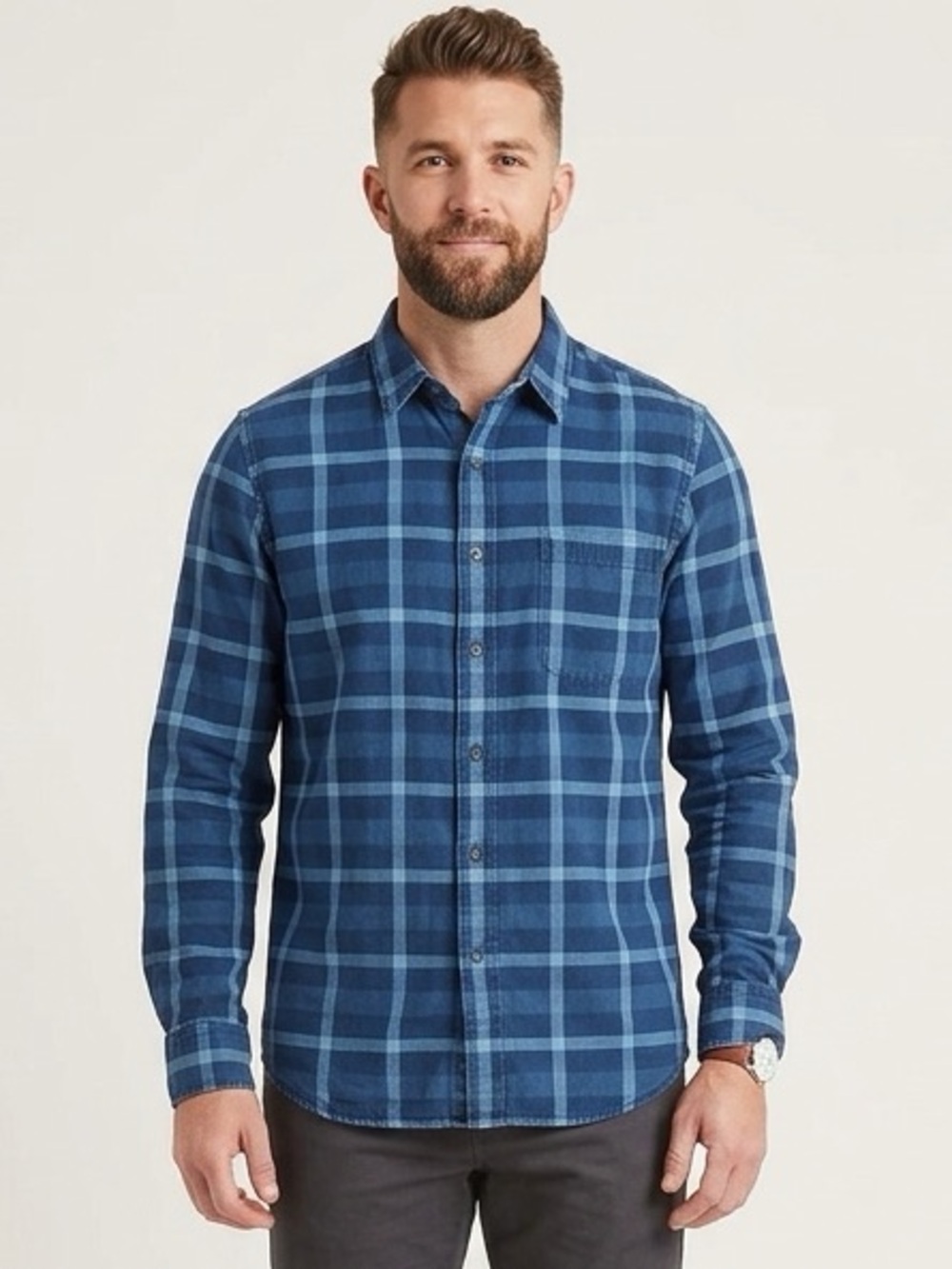 MUJI Organic Cotton Indigo-Dyed Plaid Flannel Shirt Men's XL